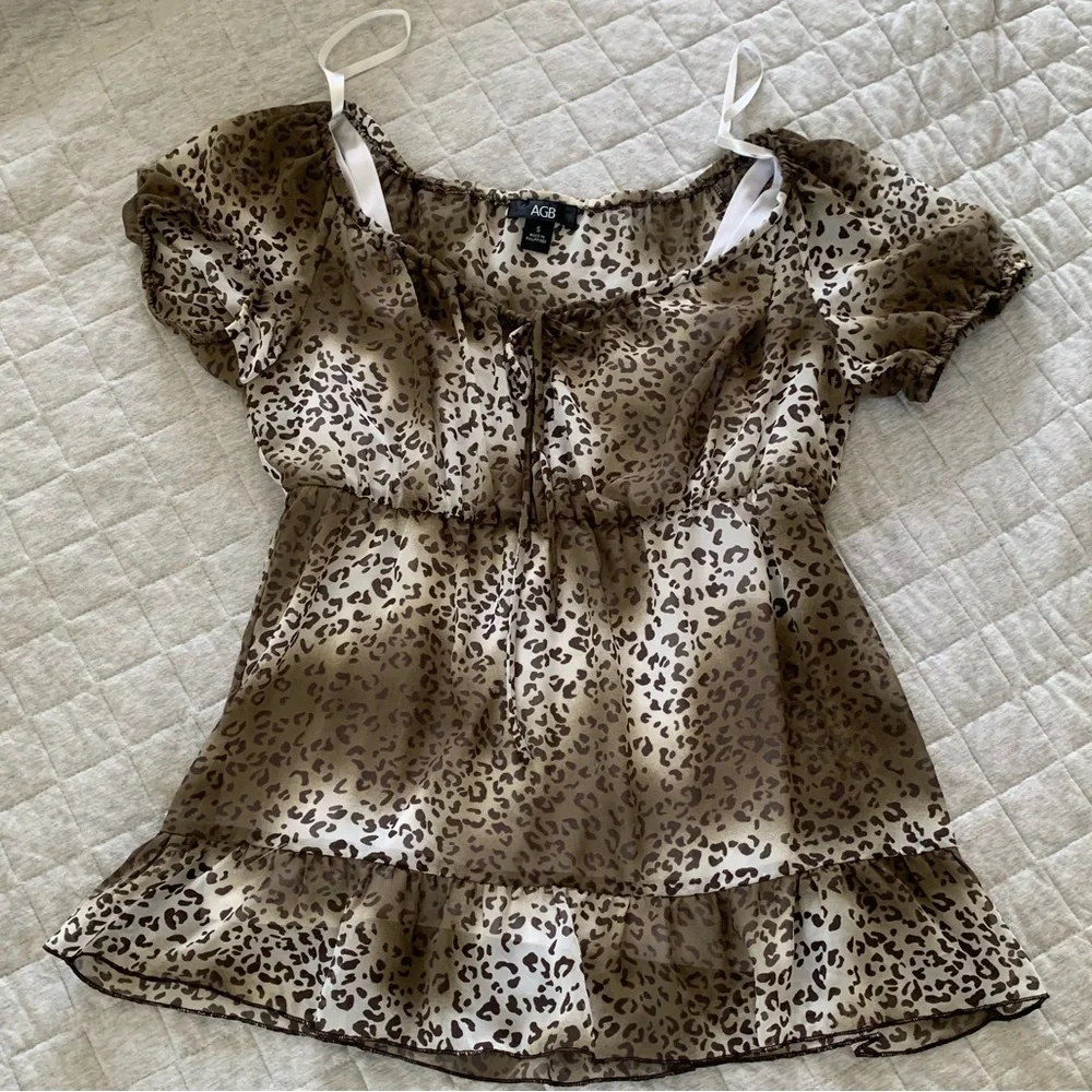 Vintage Y2K AGB cheetah babydoll puff sleeve tie back blouse built in tank top - Picture 3 of 6
